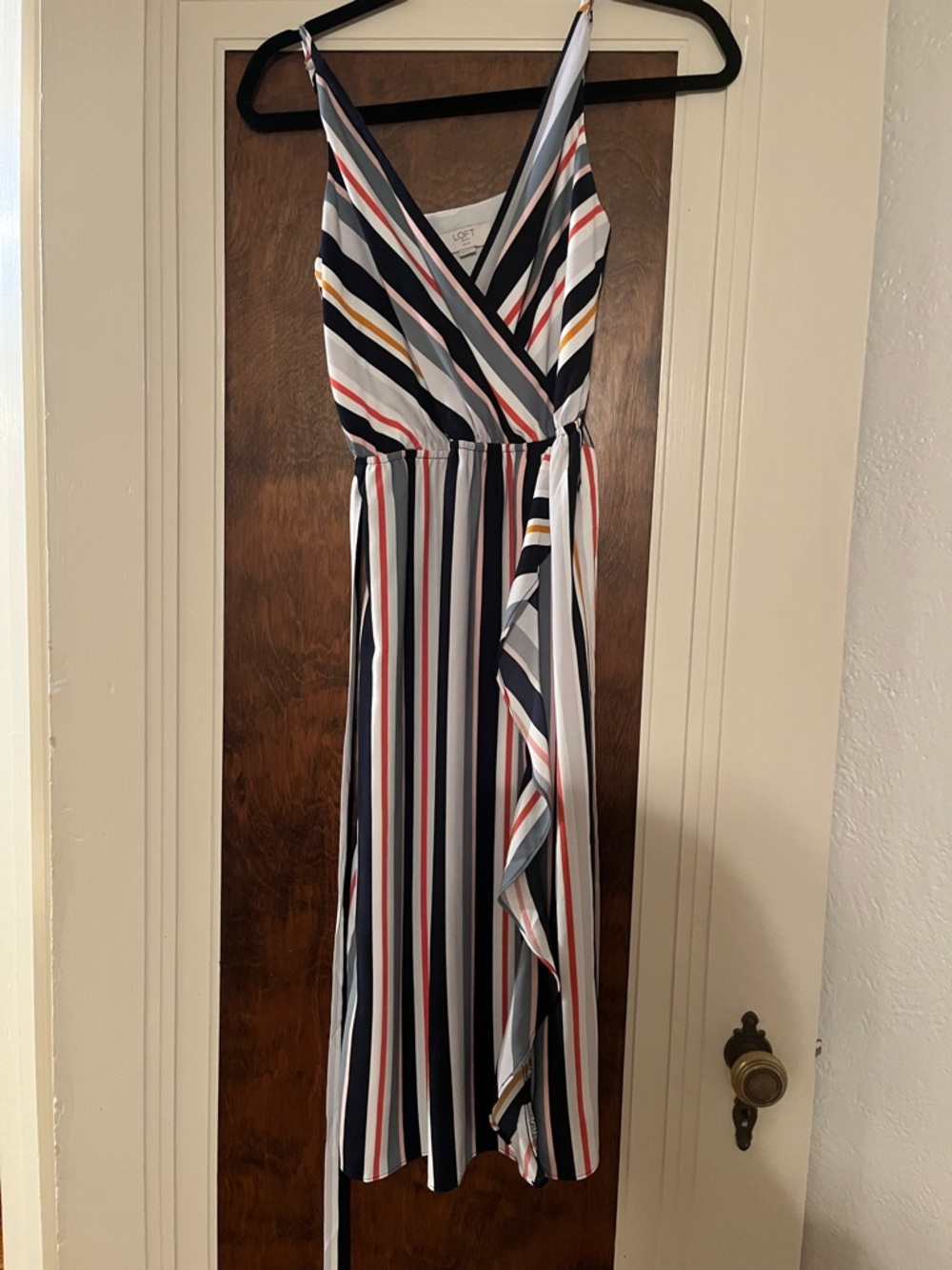 LOFT Navy Multi-Stripe Wrap Midi Dress with Red and Yellow Accents